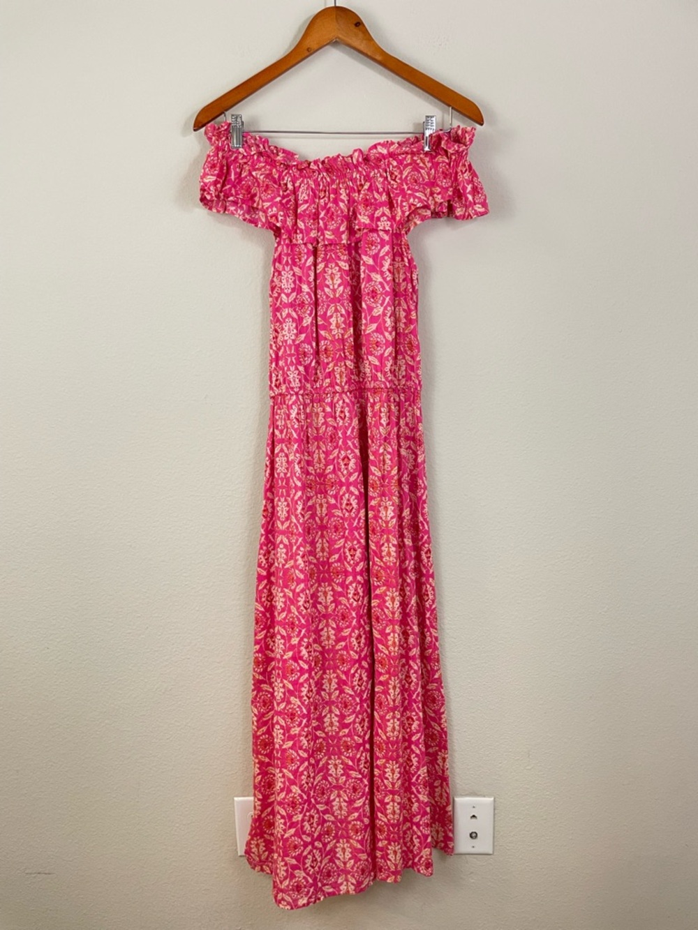 THML Pink Floral Off-Shoulder Maxi Dress with Tassel Waist Size M Boho Beach - Picture 10 of 12